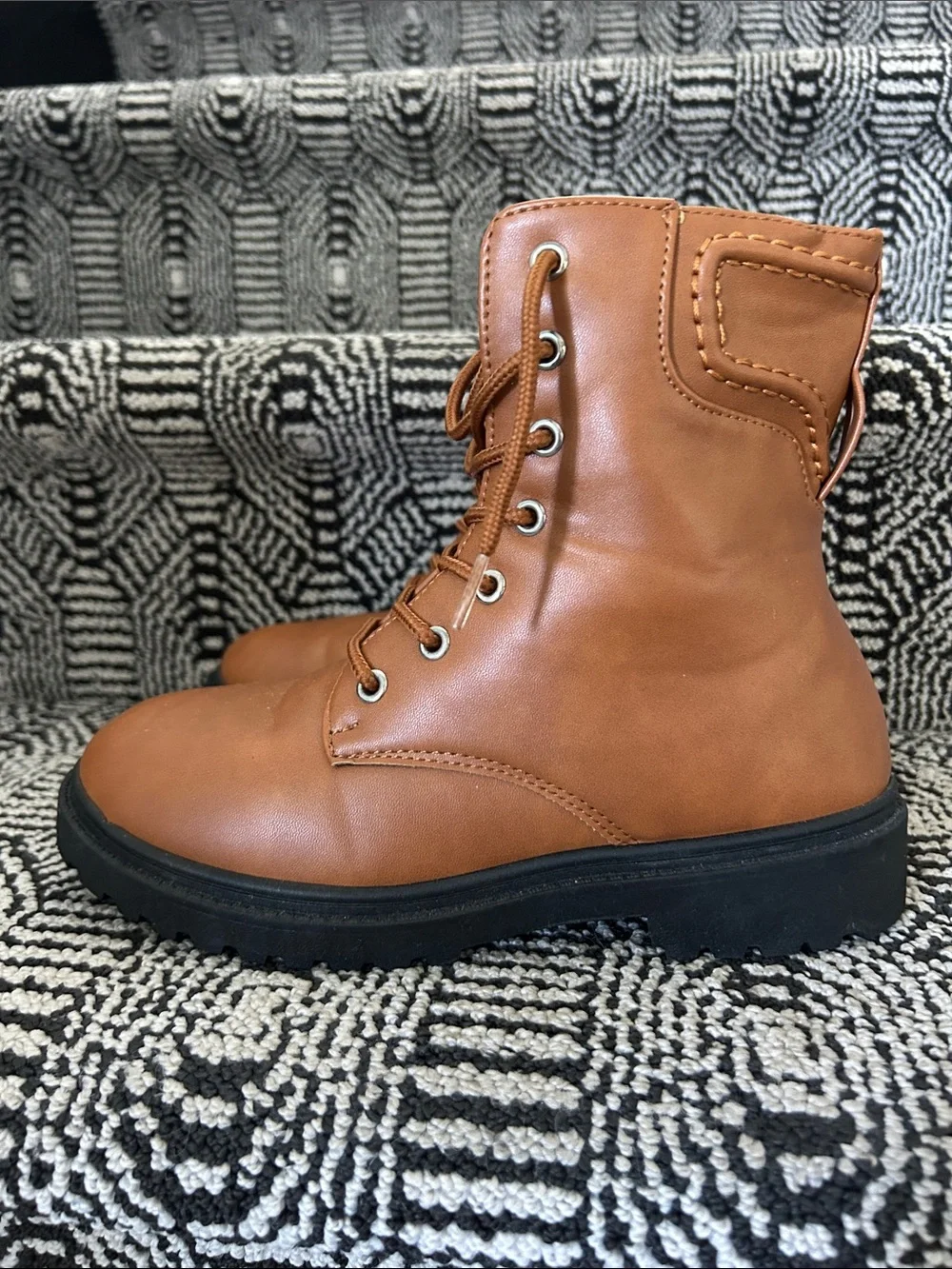 Girls Tan Lace-Up Combat Boots